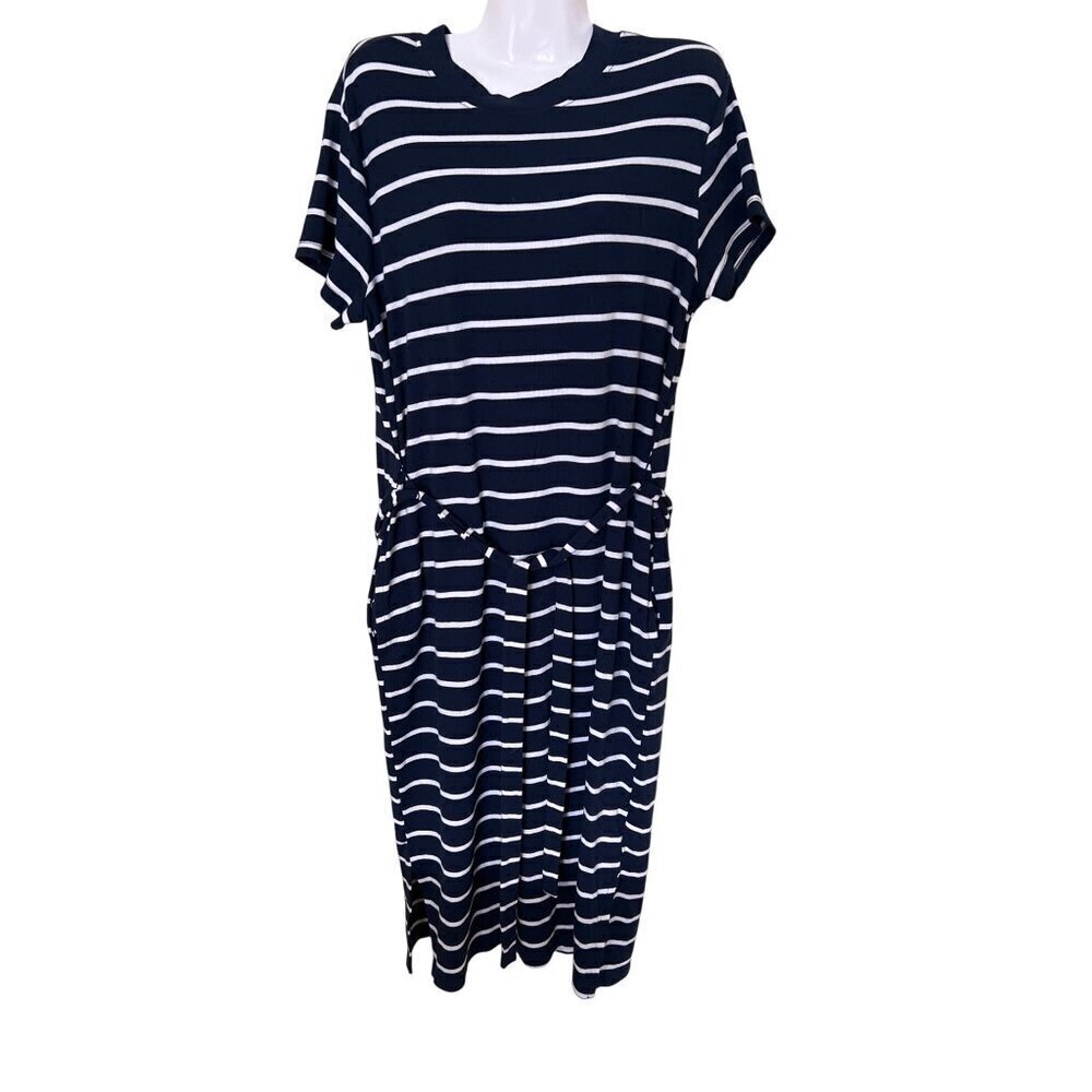 Time &‎ Tru Navy & White Striped T-Shirt Dress L/G (12-14) Cotton Blend Vacation